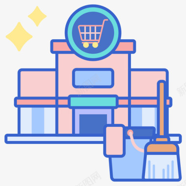 购物中心购物中心清洁55线性颜色图标图标