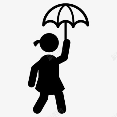 带伞的孩子女孩散步图标图标