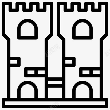城堡建筑系列2线性图标图标