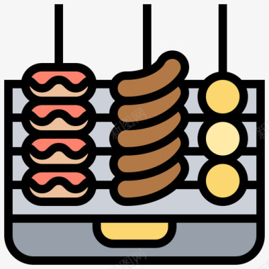 烧烤派对素材排骨烧烤和烧烤派对3线性颜色图标图标
