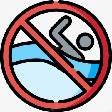 禁止游泳标志和禁令6线颜色图标图标
