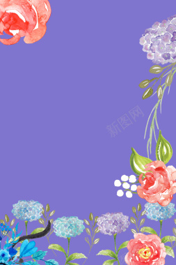 玫瑰紫色蓝花彩色植物手绘广告背景背景