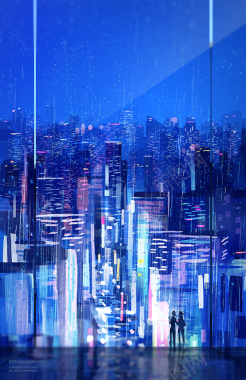 蓝色浪漫水彩城市夜景海报背景素材图背景