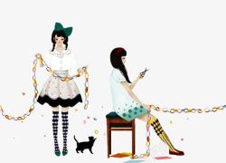 黑猫坐着剪剪纸的女孩高清图片