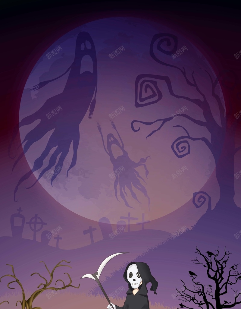 创意幽灵万圣节海报psd设计背景_88icon https://88icon.com 万圣节 卡通 手绘 童趣 鬼节 恐怖 幽灵 墓碑 树 紫色