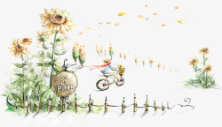 卡通手绘花朵与骑车的人物素材