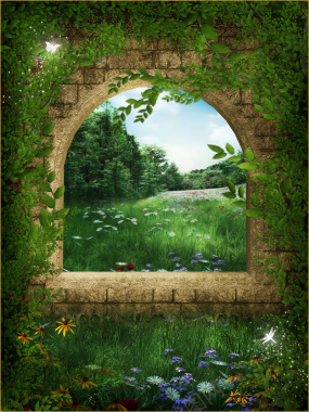 魔幻绿色石拱门背景背景