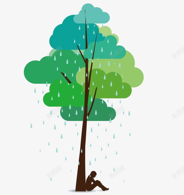 树下的女孩矢量图ai免抠素材_88icon https://88icon.com 下雨 下雨效果 树 树下的女孩 矢量素材 绿色 雨中的女孩 矢量图