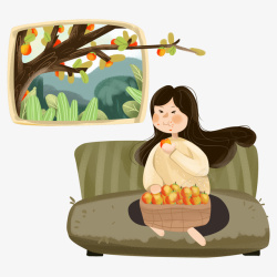 吃柿子24节气之霜降女孩在沙发上吃柿子高清图片