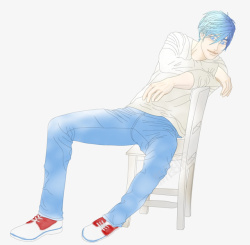 靠着椅子的蓝色头发男生素材