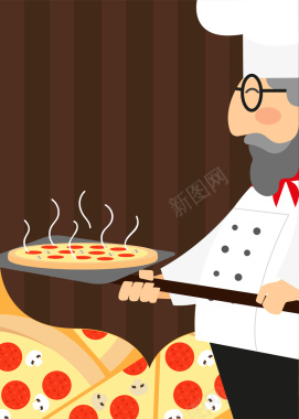卡通手绘美食披萨西餐厨师背景矢量图背景