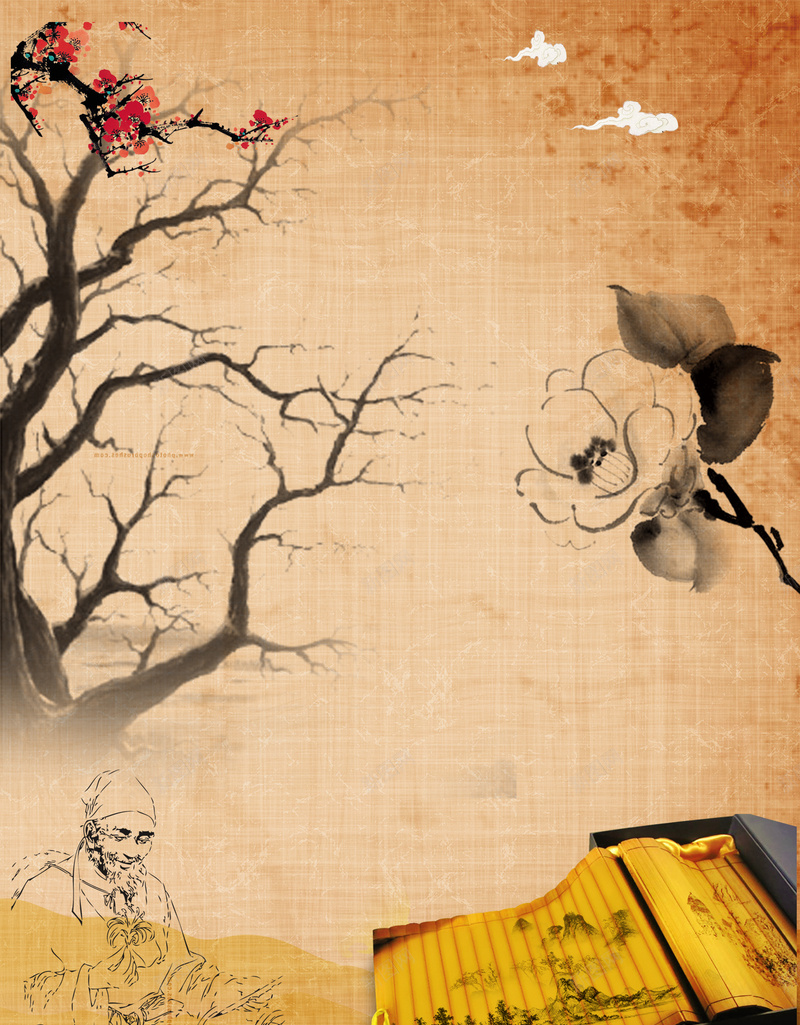 中国风黄色复古背景psd设计背景_88icon https://88icon.com 中国风 书本 手绘 换色 树枝 渐变 纹理 花朵 诗人 诗意
