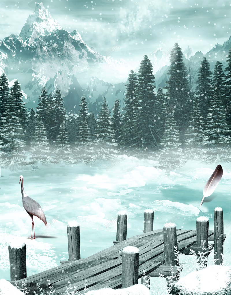 冬季雪花冬天山林psd设计背景_88icon https://88icon.com 冬天 冬季 山林 自然 雪花 风景 树木 鸵鸟 冬季海报