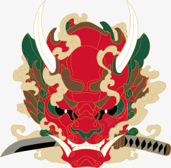 日本武士面具拿着武士刀的鬼面具矢量图高清图片