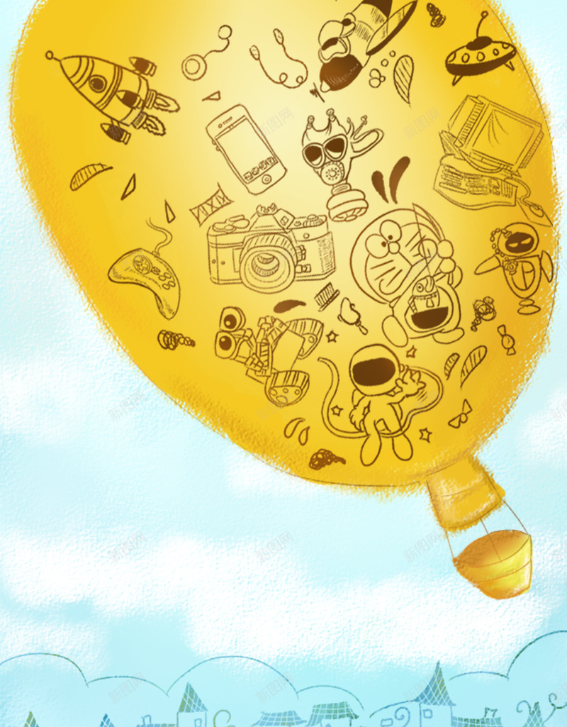 创意热气球海报背景psd设计背景_88icon https://88icon.com 卡通 手绘 童趣 创意热气球海报背景 线描城市