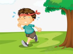 可爱卡通插图草地上跑步的小男孩素材