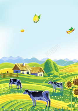 蓝天风景金色麦田动物农场背景素材背景