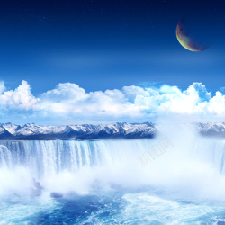 星球与大海图片蓝色唯美瀑布背景素材高清图片