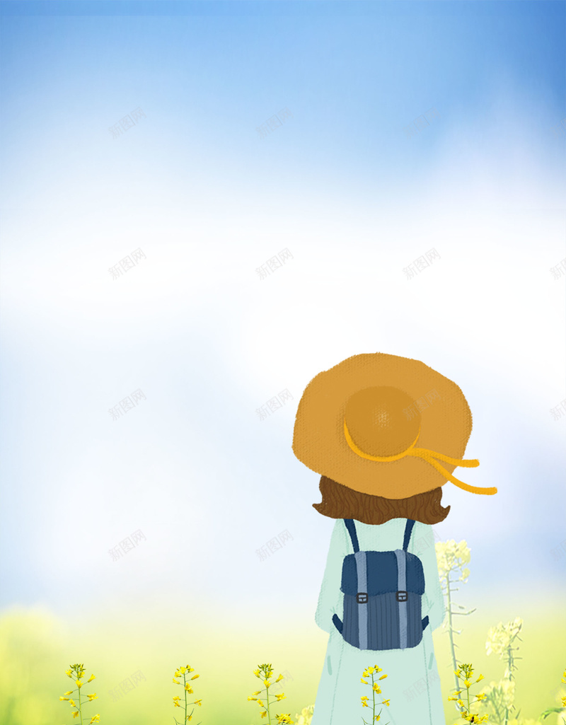 浅蓝色手绘唯美春季踏青油菜花人物背景psd设计背景_88icon https://88icon.com 春季踏青 油菜花 浅蓝色 唯美 手绘 人物背景 少女 春游 赏花