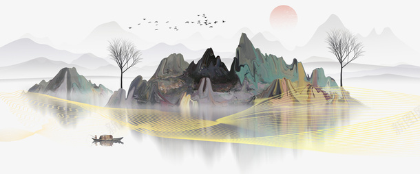 古风泛舟元素图psd免抠素材_88icon https://88icon.com 元素图 古风 古风春景 山纹 泛舟 鸟群