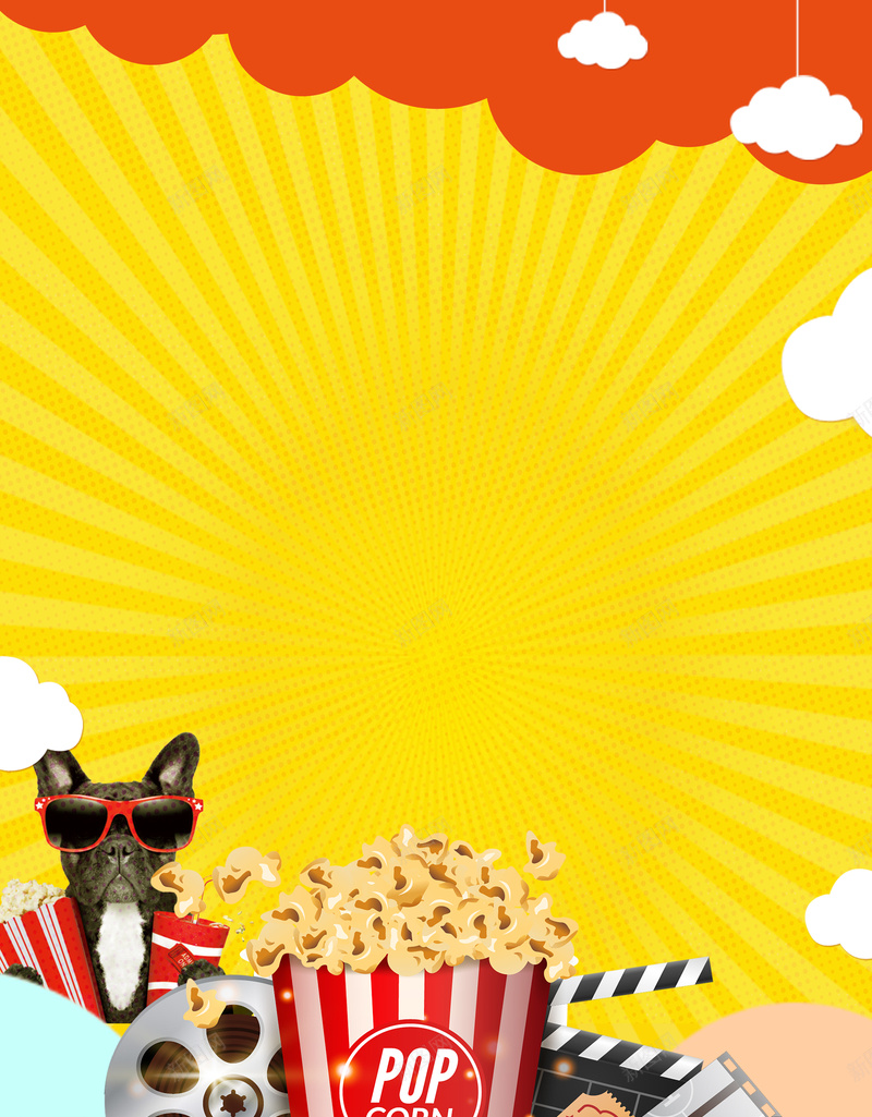 黄色爆米花电影海报psd设计背景_88icon https://88icon.com 云朵 影院 爆米花 狗狗 电影促销海报 电影无极限 电影院海报 黄色