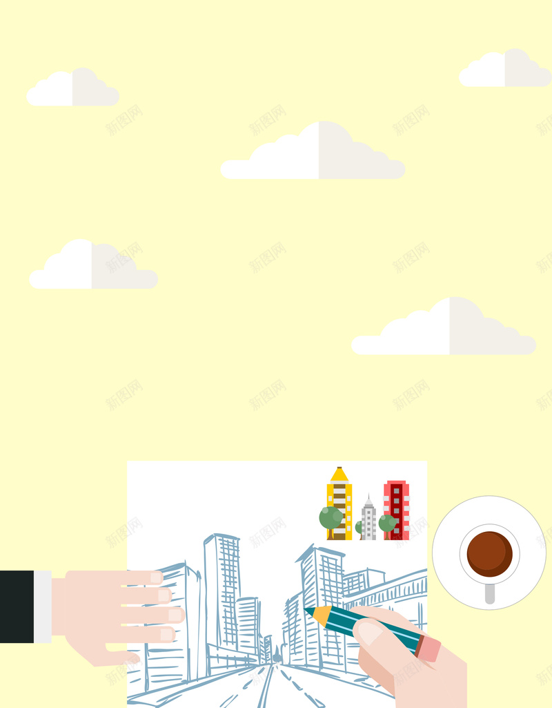 简约手绘城市规划建筑广告psd设计背景_88icon https://88icon.com 云朵 卡通 城市规划图 城市规划建筑 大气 广告 手绘 放大镜 简约 黄色