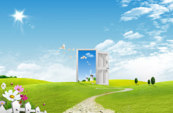 创意之门自然清新草地花卉创意之门背景素材高清图片