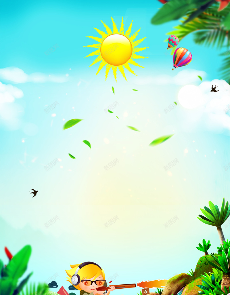 军事夏令营招生海报psd设计背景_88icon https://88icon.com 户外野营 太阳 暑假 树叶 蓝色 卡通人物 夏日 夏季