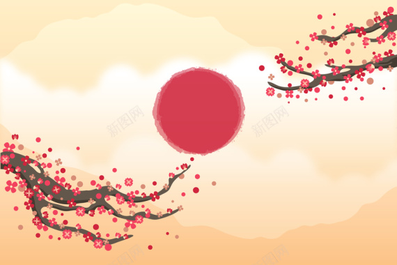 卡通手绘水墨日式梅花唯美背景矢量图背景