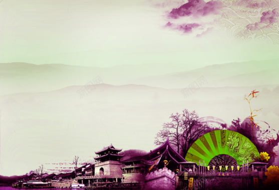 中国风紫色宋代建筑背景素材背景