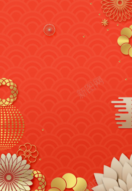 红色清新新年剪纸立体花朵背景背景