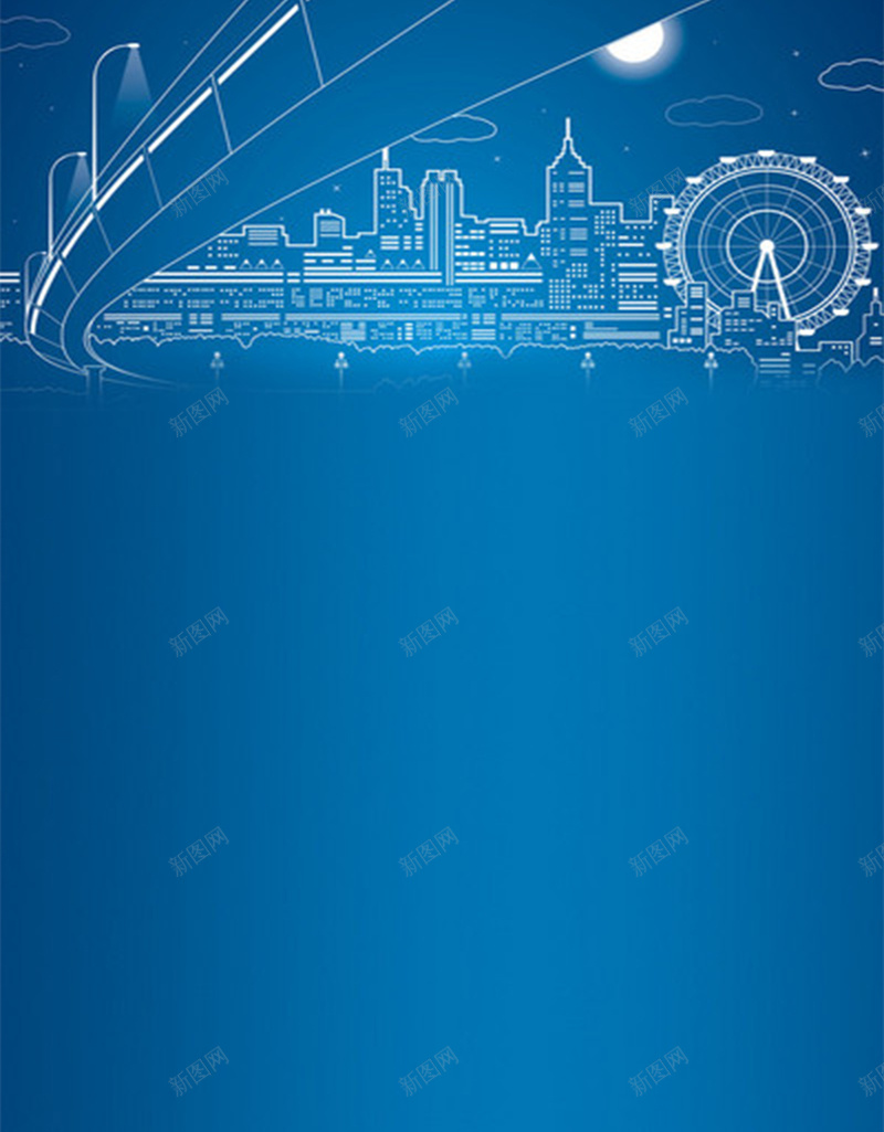 蓝色背景简约科技平面广告jpg设计背景_88icon https://88icon.com 城市建筑 平面广告 摩天轮 数字化 月亮 科技 简约背景 线条 蓝色背景