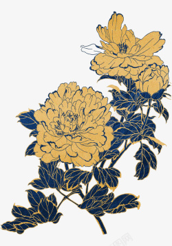中式金色描边蓝色花朵素材