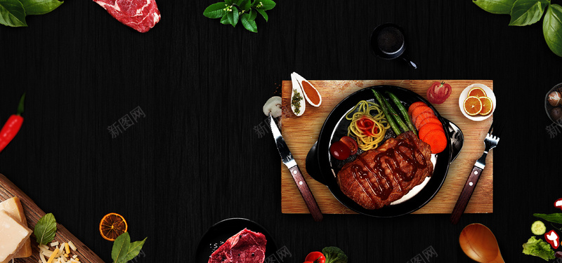 美食黑色高贵牛排套餐bannerpsd设计背景_88icon https://88icon.com 俯视 合成 套餐 活动 牛排 美味 美食 高贵 黑色