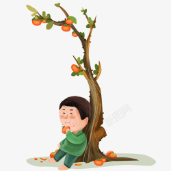 24节气之霜降男孩在柿子树下吃柿子素材