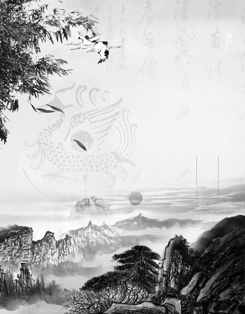 中国风黑白色国画平面广告jpg设计背景_88icon https://88icon.com 中国风背景 平面广告 黑白色 古韵 国画 古典 山峰 书法 绘画美术