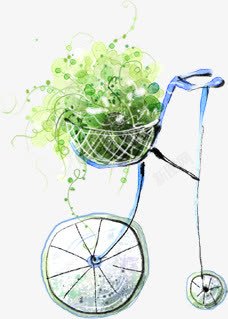 手绘自行车绿色植物素材