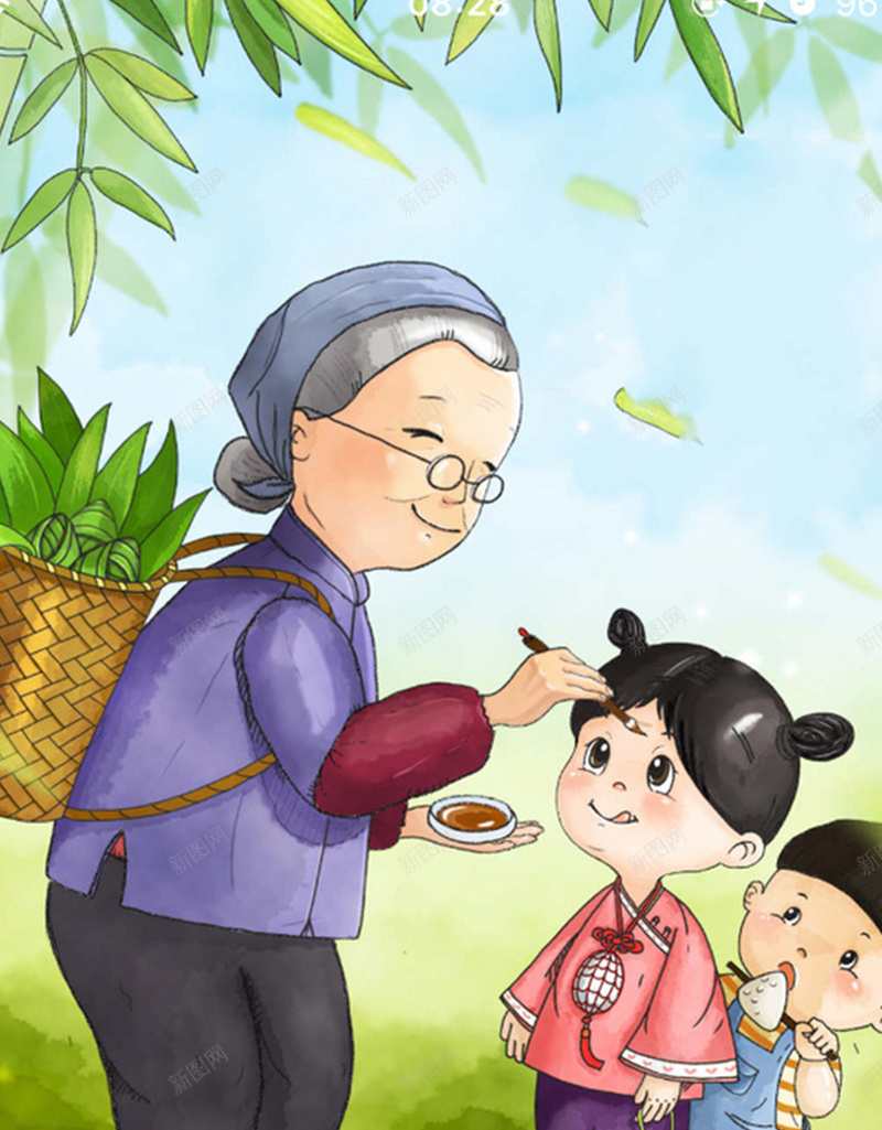 端午节采粽叶H5背景jpg设计背景_88icon https://88icon.com H5背景素材 卡通 卡通素材 奶奶 孩子 小清新 温馨 端午节 采粽叶