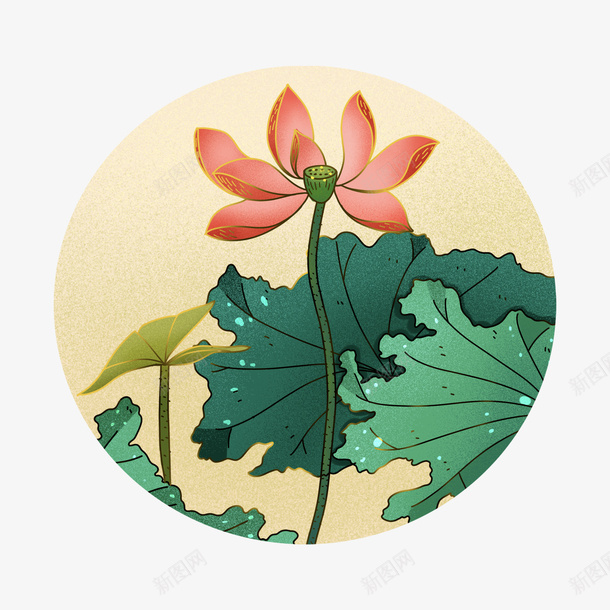 国潮古风山水荷花莲花噪点插画元素png免抠素材_88icon https://88icon.com 中国风 山水 荷花 插画