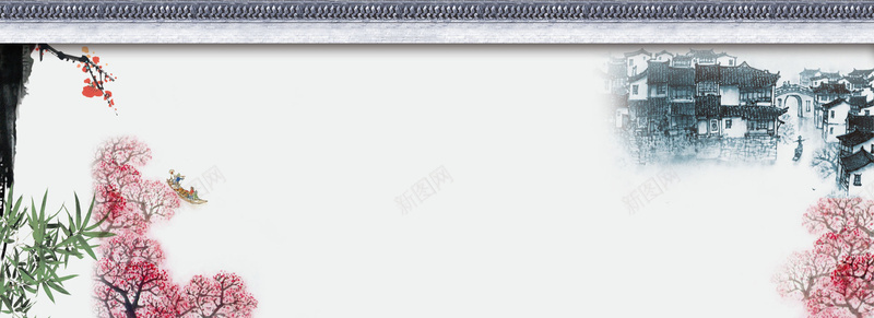 春季中国风灰蓝海报背景psd设计背景_88icon https://88icon.com 背景海报 春季 粉色花朵 中国风 古房