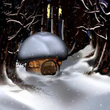 雪的蘑菇房子在森林背景