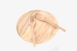 棕色木质纹理木圆盘和木勺子实物素材