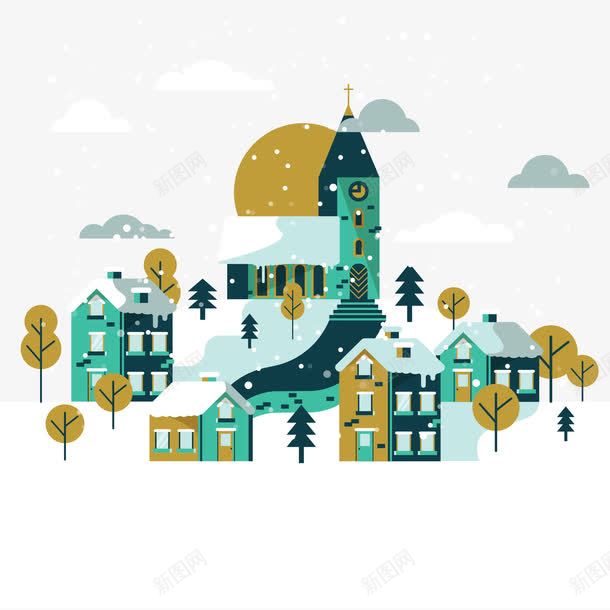 城市雪景插画png免抠素材_88icon https://88icon.com 城市 扁平 绿色 黄色