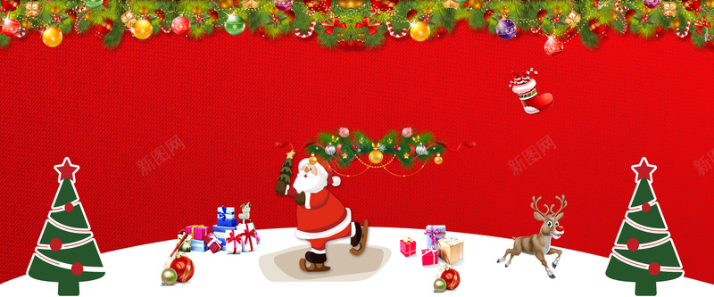 圣诞老人卡通扁平红色banner背景