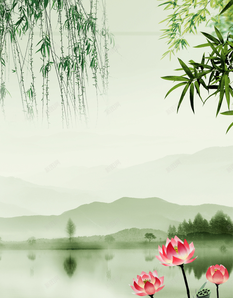 绿色水墨山水荷花海报jpg设计背景_88icon https://88icon.com 复古海报 绿色水墨山水 水墨荷花 古风 宣传海报 中国风海报 海报背景 水墨海报 古风海报