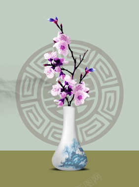 中国风花瓶鲜花绿色背景背景