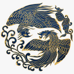 中式金色描边蓝色鸟飞翔素材