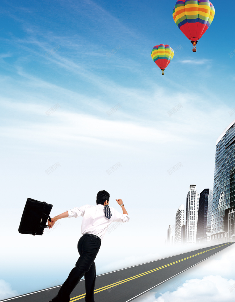 奔跑的工作者背景psd设计背景_88icon https://88icon.com 公文包 商务 商务开心 奔跑 建筑物 气球 男人 白云 科幻 科技 蓝天 马路