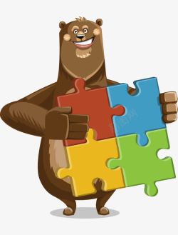 可爱卡通手绘的熊拿着拼图板素材