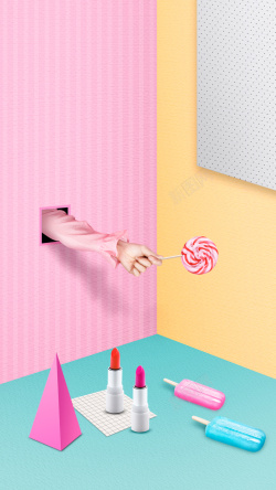 口红海报温馨糖果色3D立体冰棒糖果口红海报背景高清图片